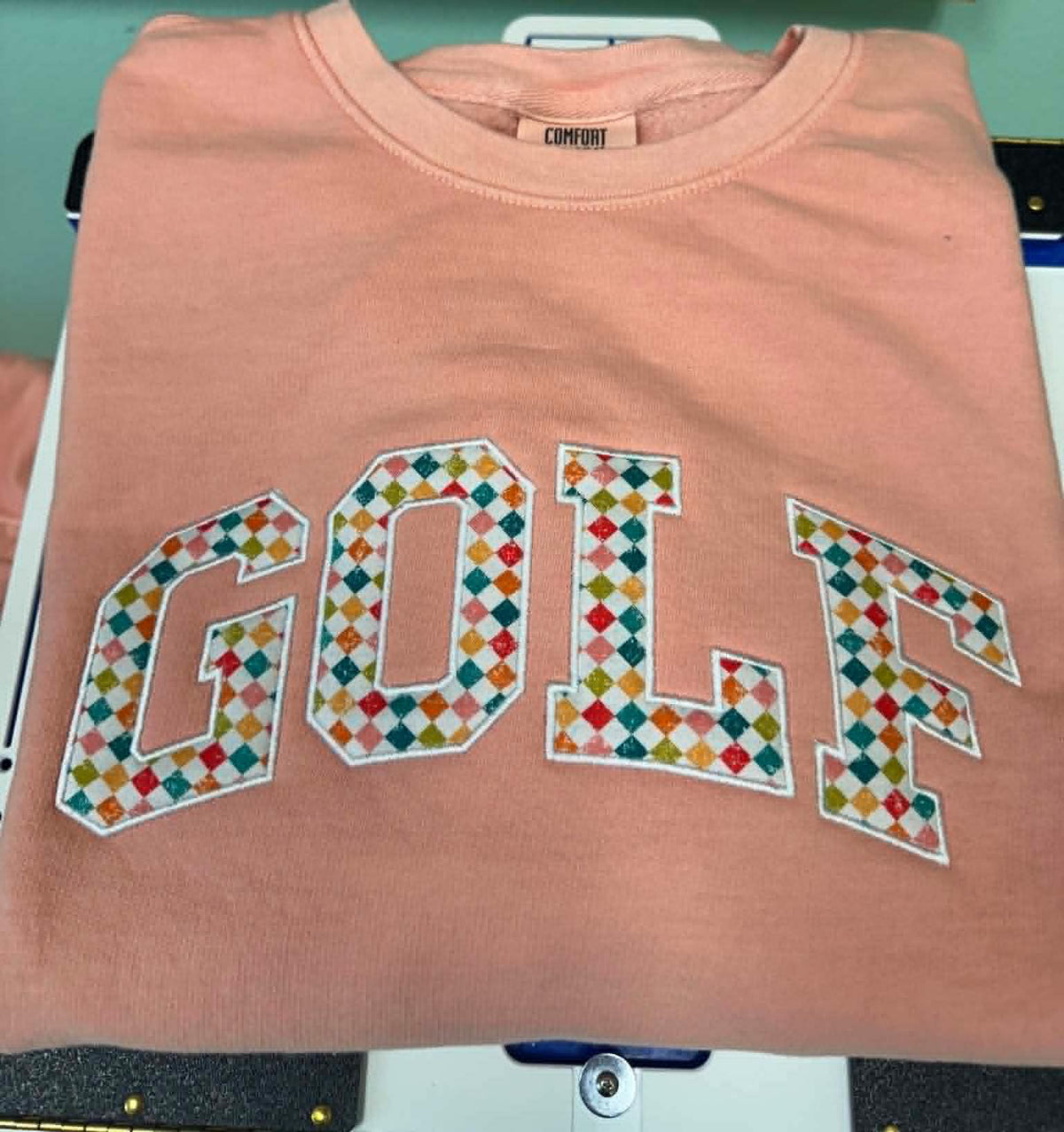 Peach Comfort Colors Applique Embroidery Golf Crewneck