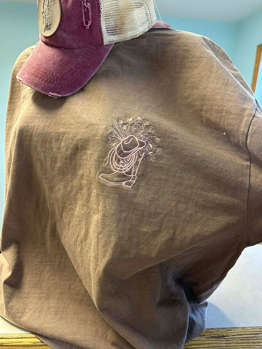 Embroidered Boots and Flowers on Long Sleeve Comfort Colors T-Shirt