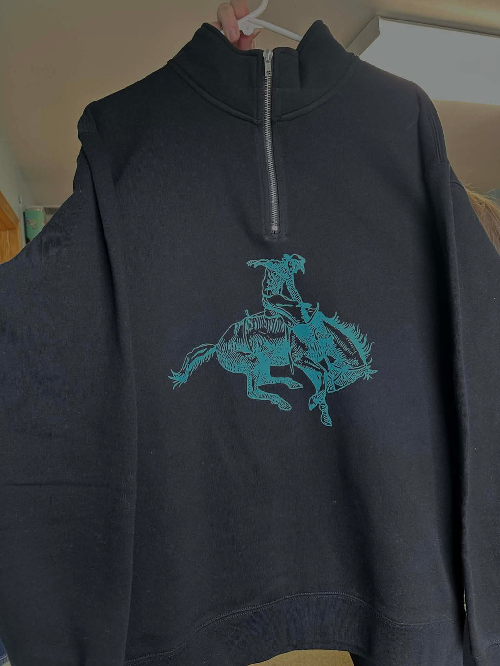 Quarter Zip teal bucking bronc Pullover