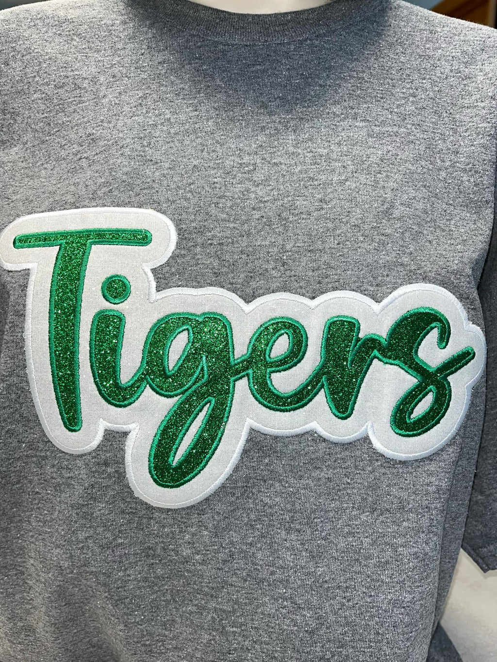 Tigers Green and White Glitter Applique Embroidery on Black Crewneck