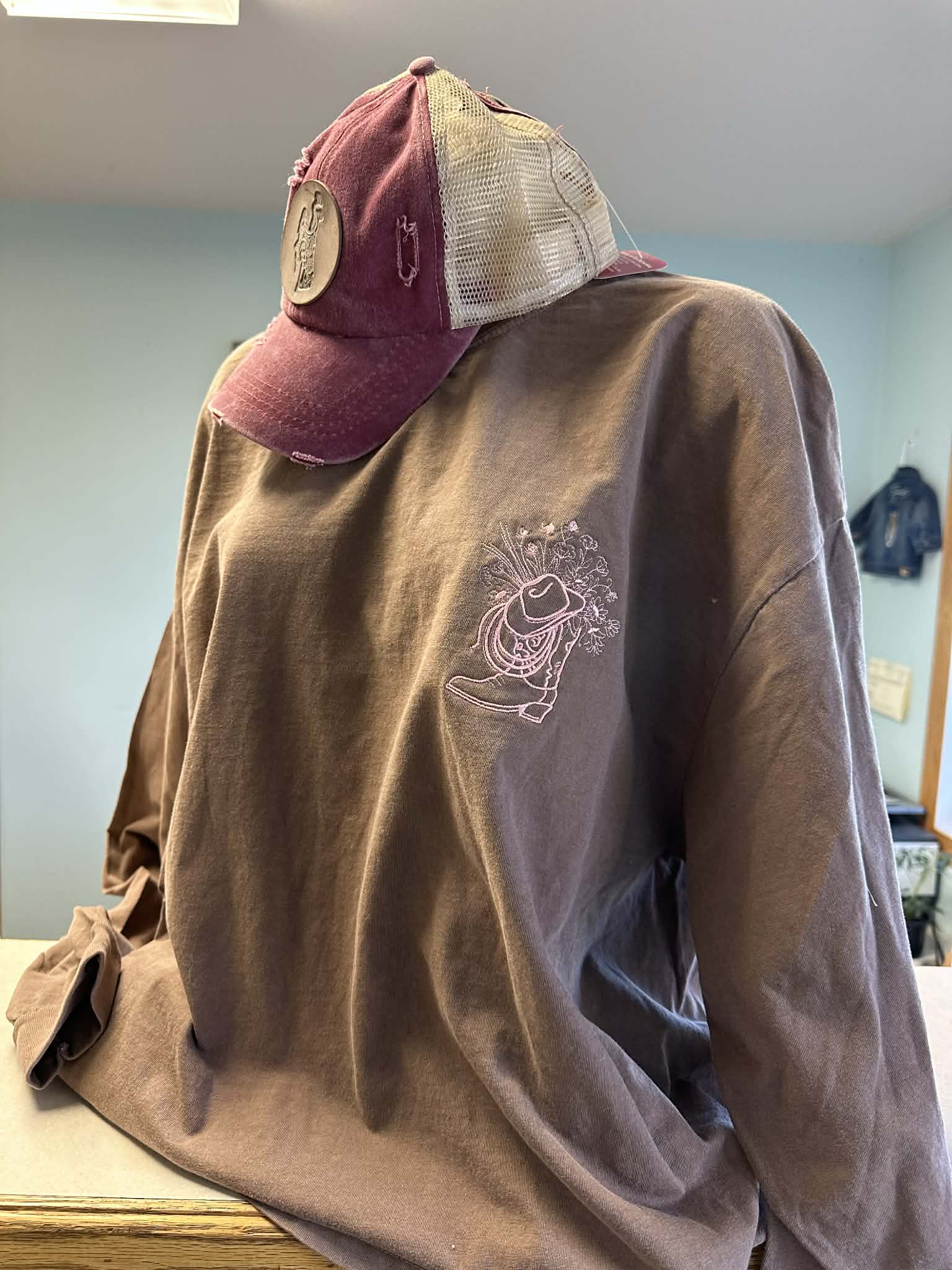 Embroidered Boots and Flowers on Long Sleeve Comfort Colors T-Shirt