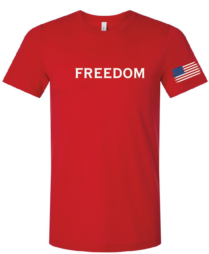 Red T-shirt, Crewneck, or Hoodie Freedom with Flag on sleeve