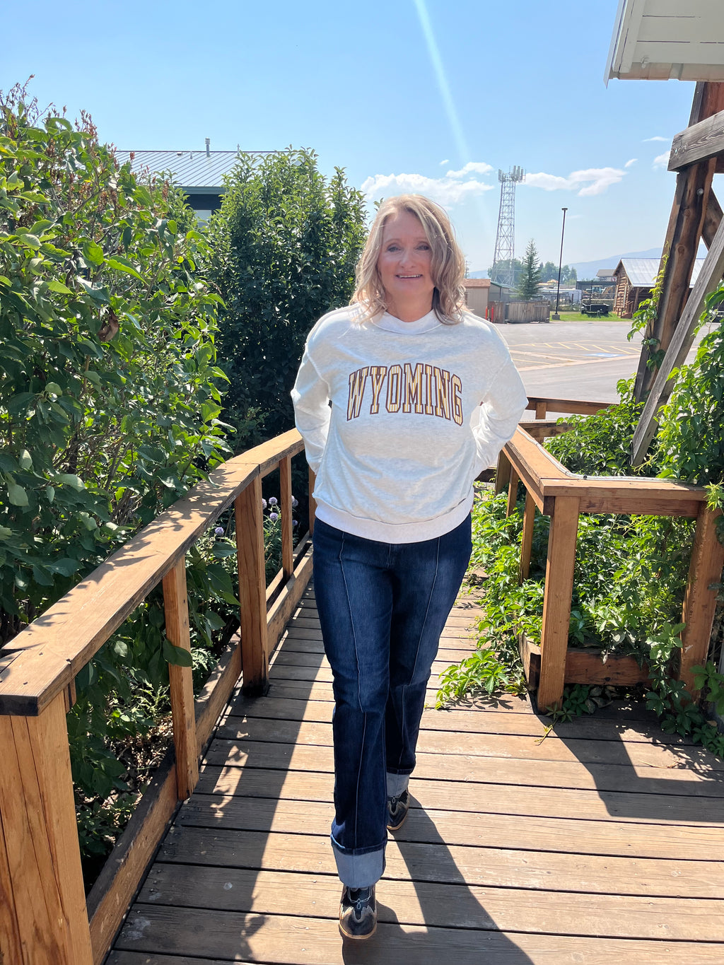 Wyoming Applique Embroidered Mock Neck-Stripes