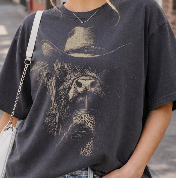 Comfort Colors T-shirt with Highland cow drinking