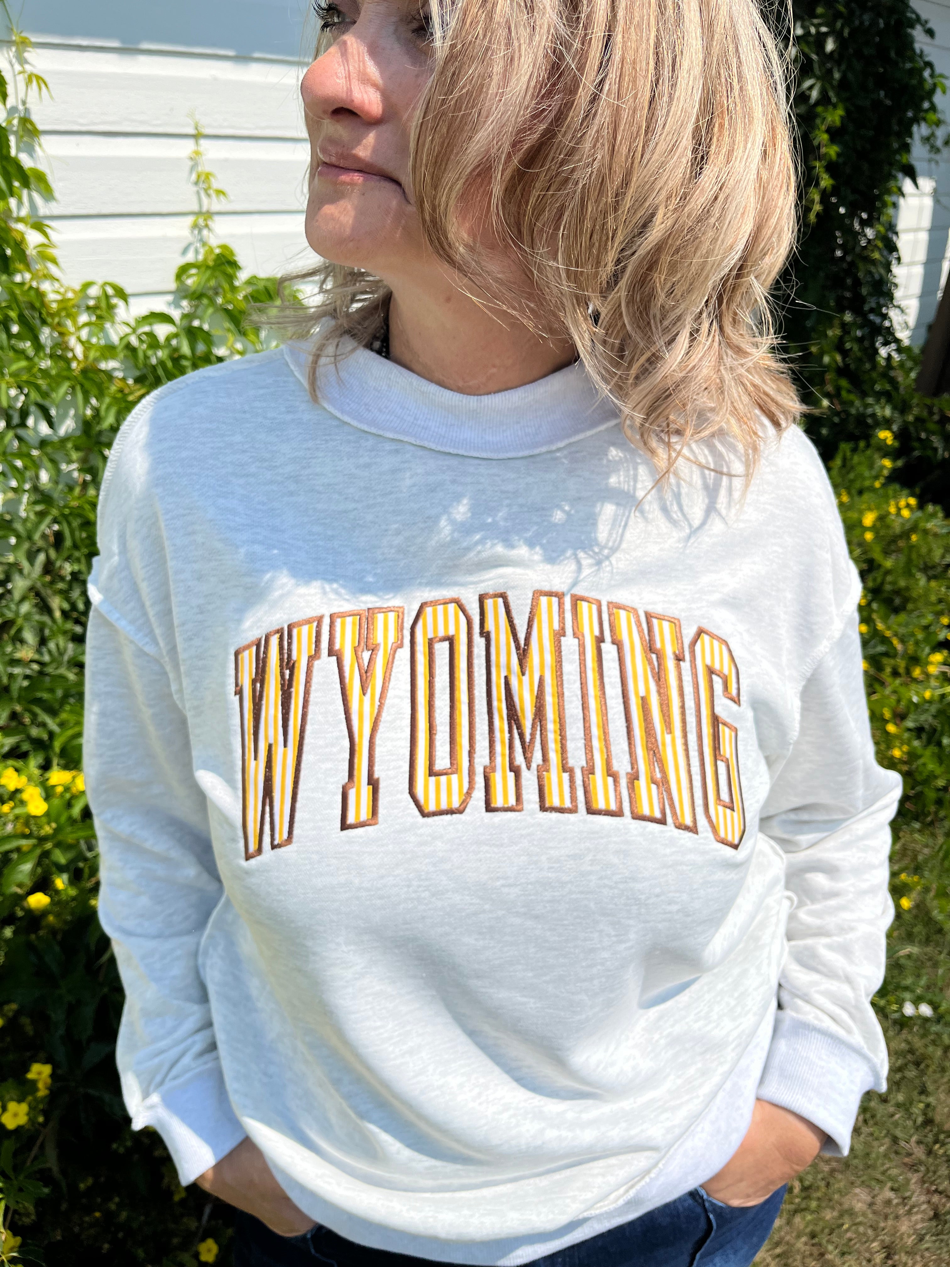 Wyoming Applique Embroidered Mock Neck-Stripes