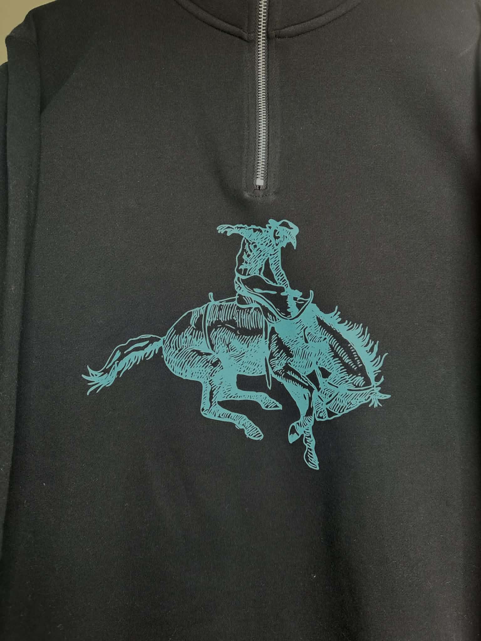 Quarter Zip teal bucking bronc Pullover