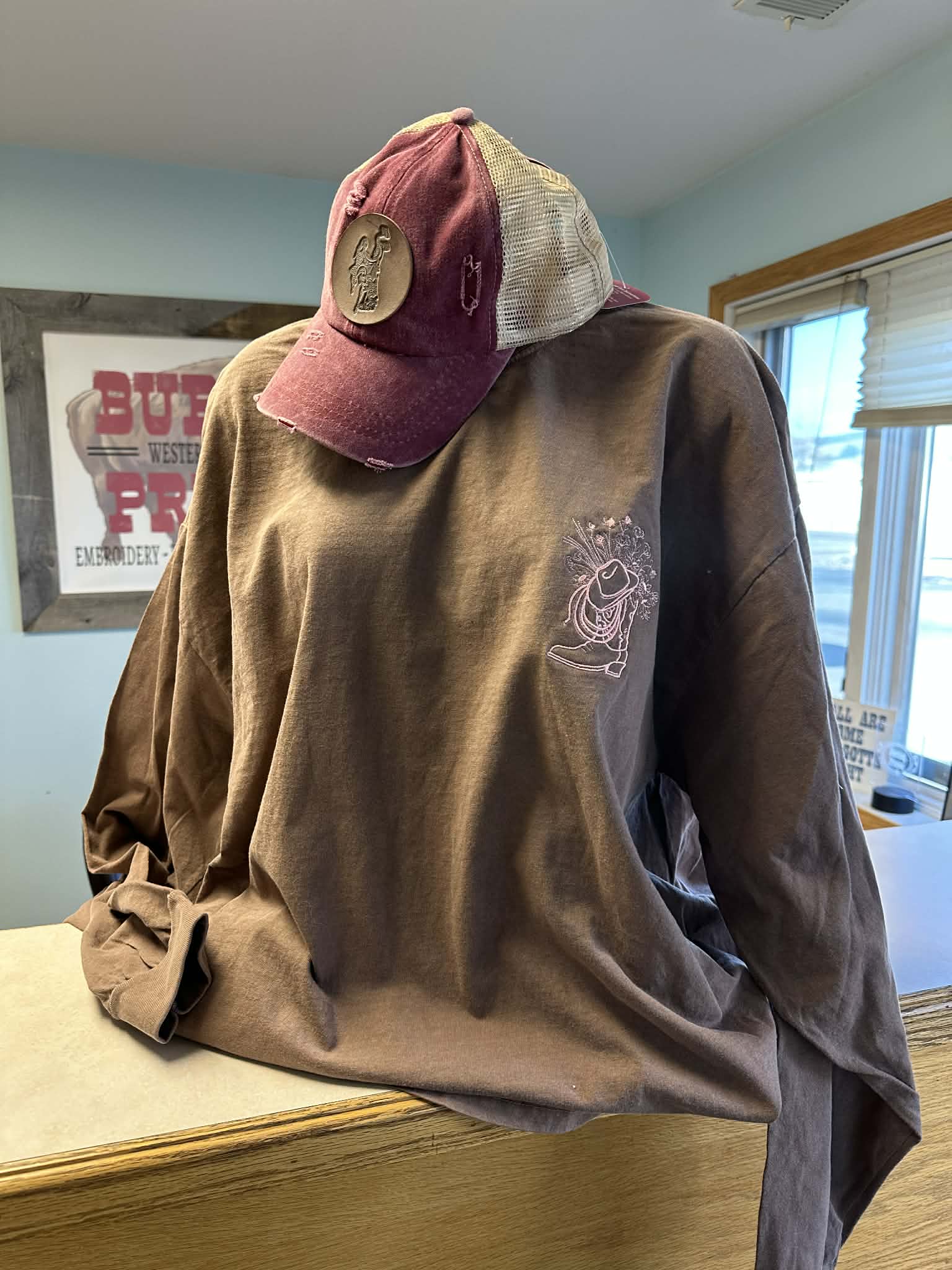 Embroidered Boots and Flowers on Long Sleeve Comfort Colors T-Shirt