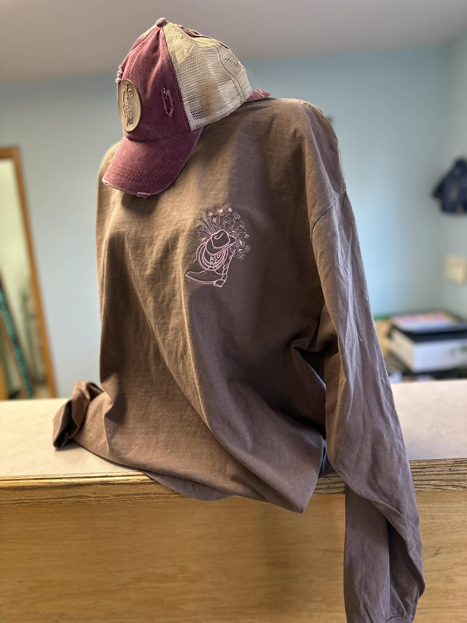 Embroidered Boots and Flowers on Long Sleeve Comfort Colors T-Shirt