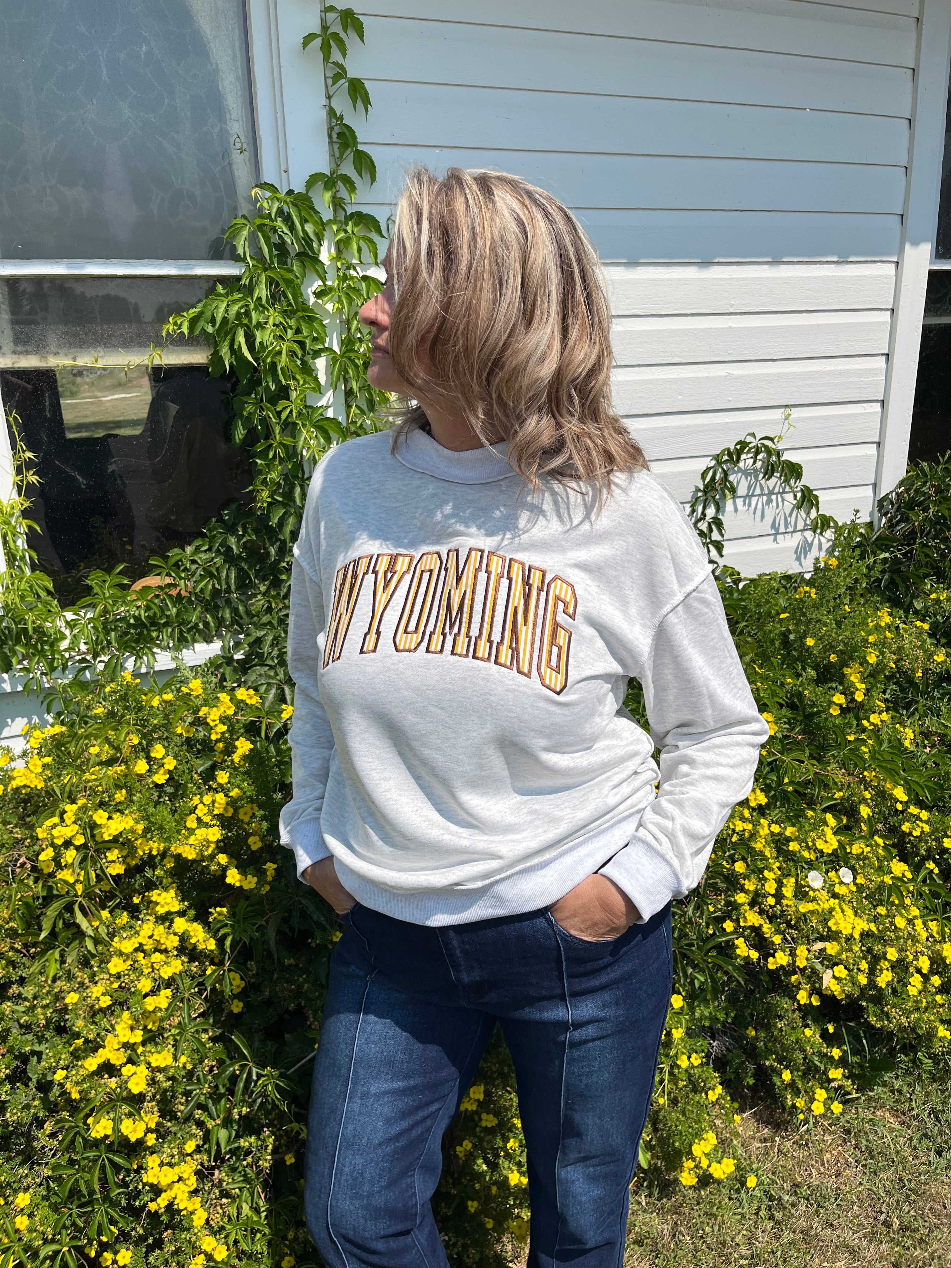Wyoming Applique Embroidered Mock Neck-Stripes