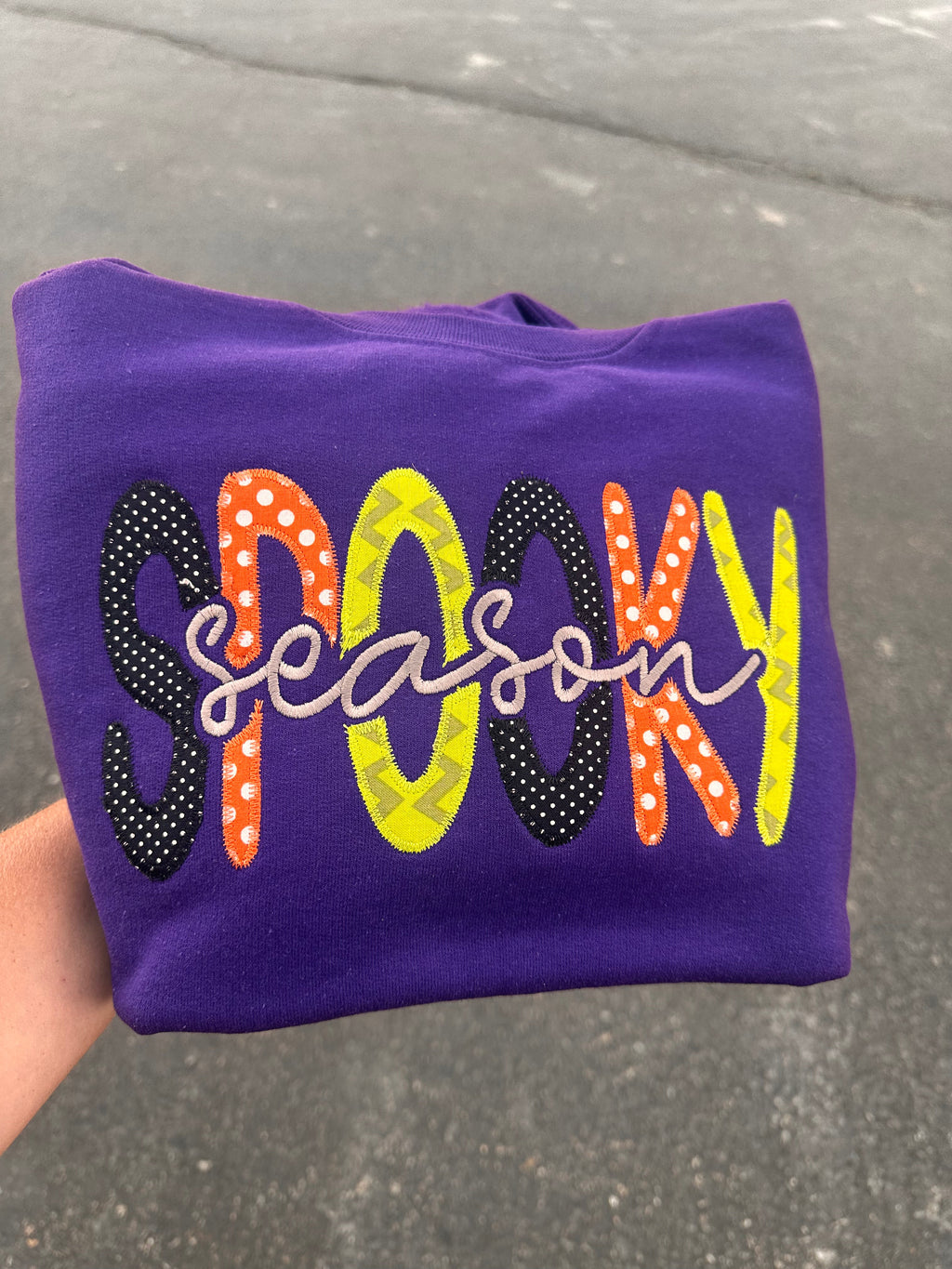 Spooky Season applique embroidered purple crewneck