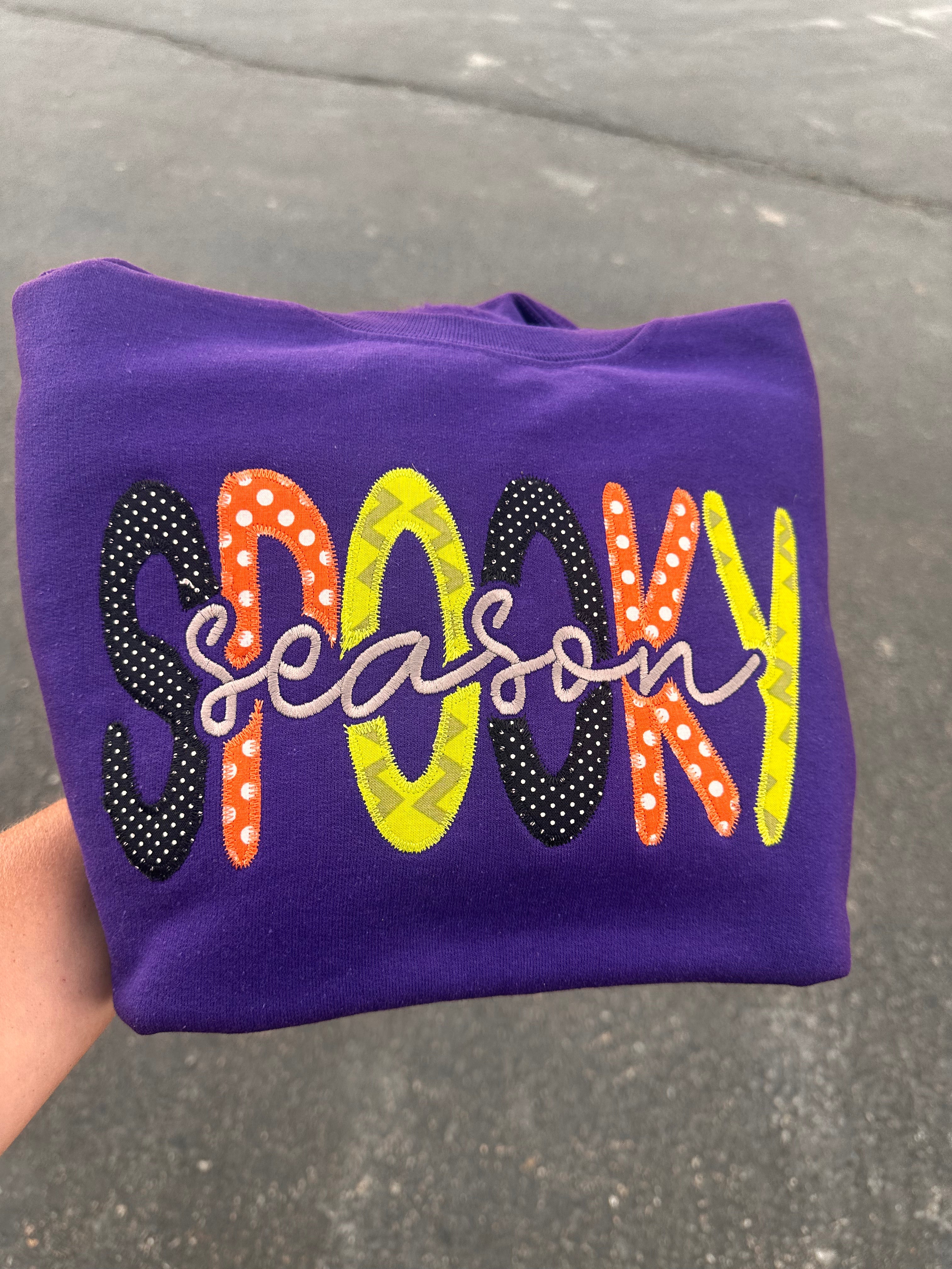Spooky Season applique embroidered purple crewneck