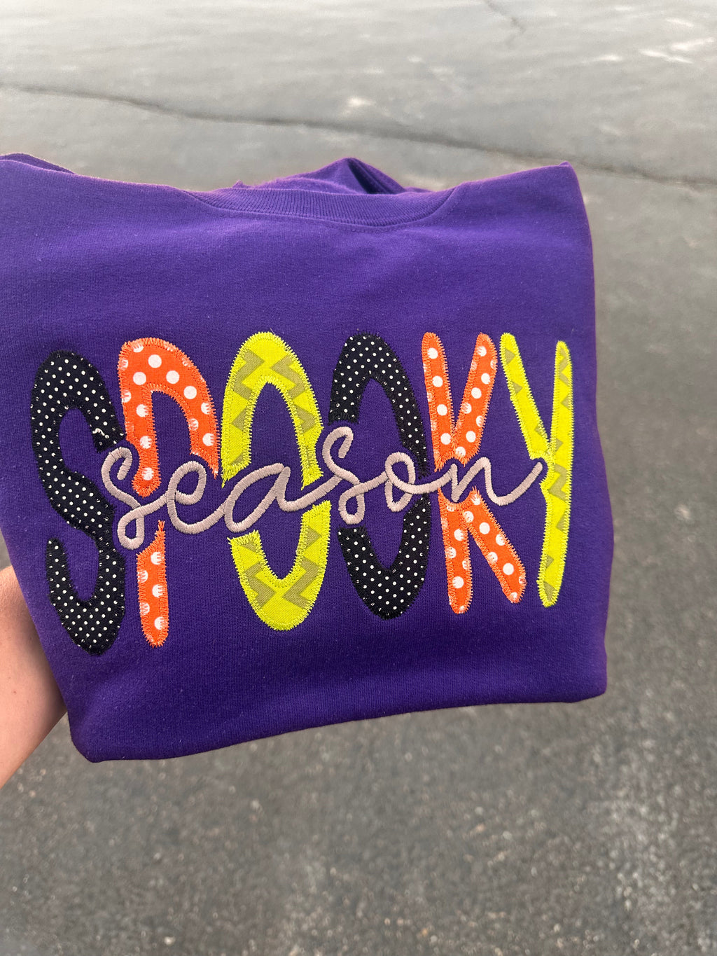 Spooky Season applique embroidered purple crewneck
