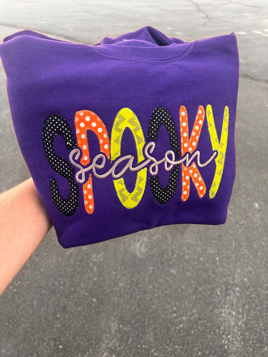 Spooky Season applique embroidered purple crewneck