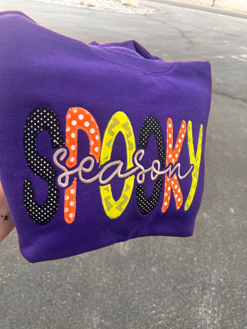 Spooky Season applique embroidered purple crewneck