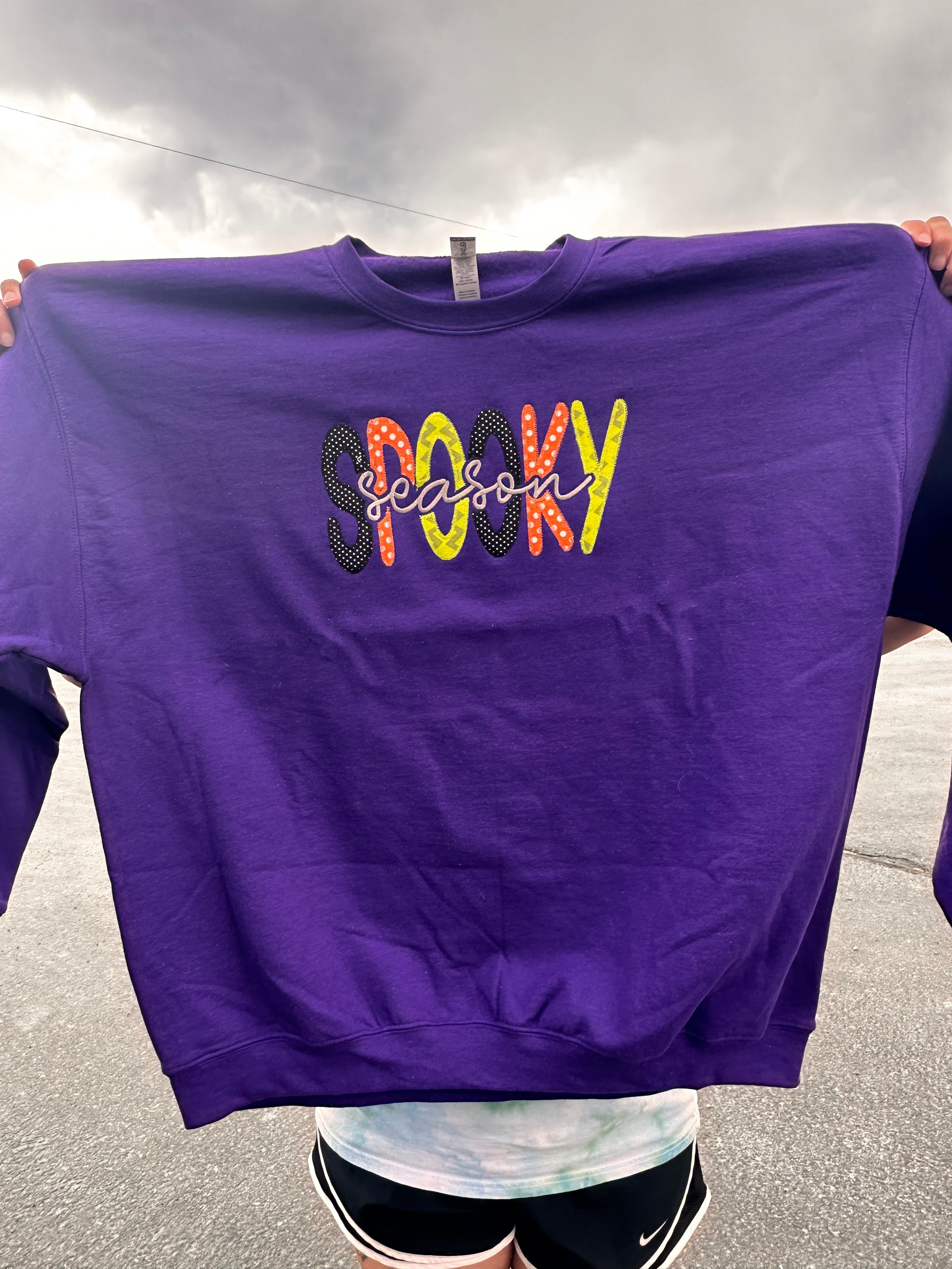 Spooky Season applique embroidered purple crewneck