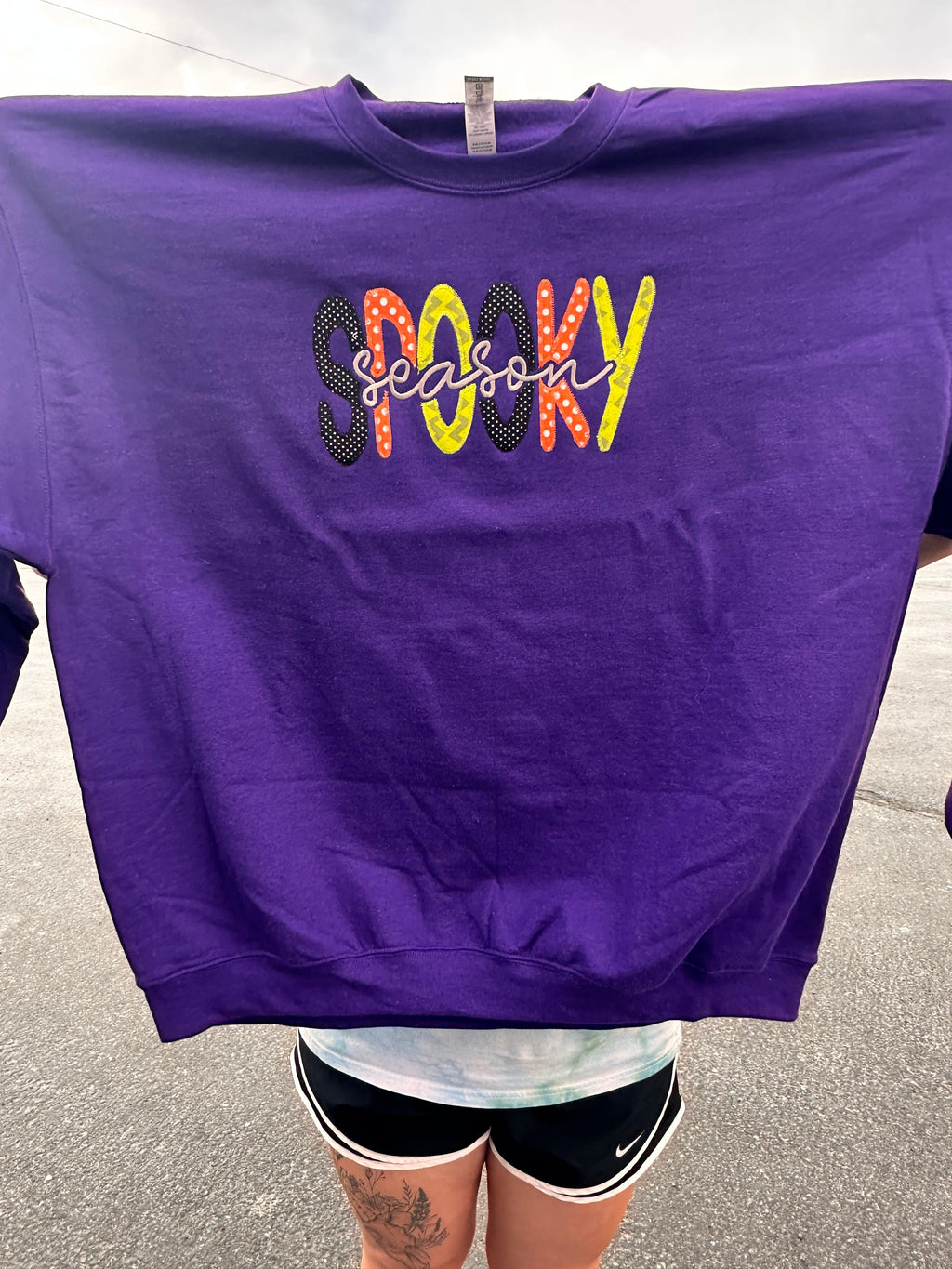 Spooky Season applique embroidered purple crewneck