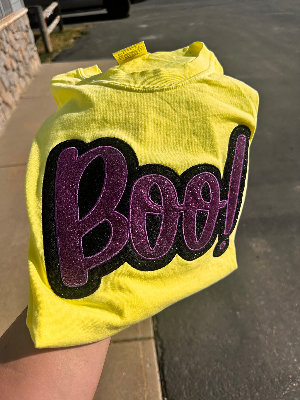 Black and Purple sparkly applied BOO embroidered on neon yellow Comfort Colors T-shirt