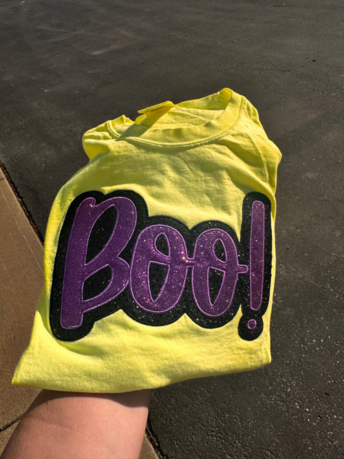 Black and Purple sparkly applied BOO embroidered on neon yellow Comfort Colors T-shirt