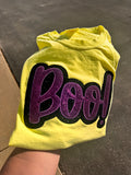 Black and Purple sparkly applied BOO embroidered on neon yellow Comfort Colors T-shirt