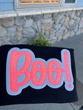 Pink and white sparkly applied BOO embroidered on Black Crewneck