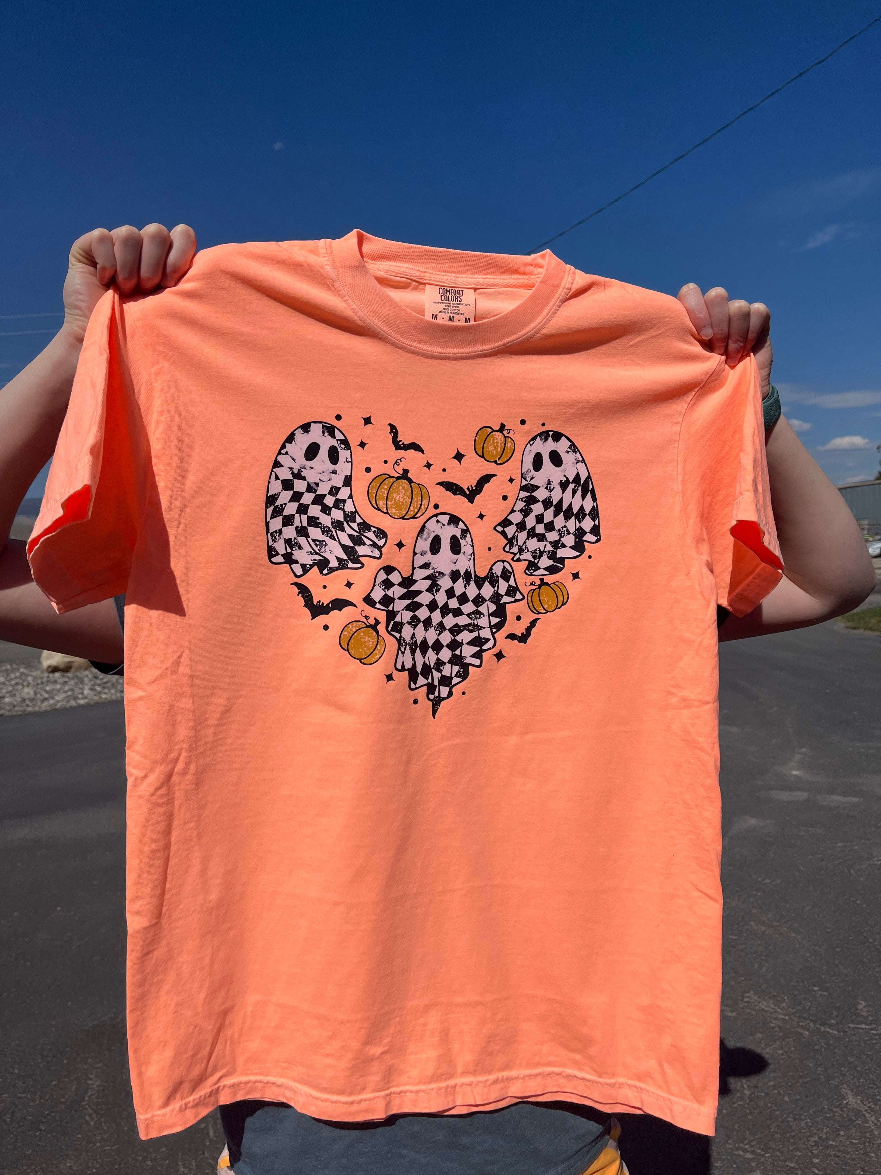 Checkered Ghosts on Neon Orange Comfort Colors T-shirt