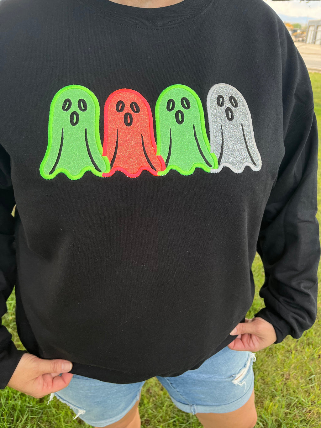 Glow in the Dark Ghost Applied Embroidered on Black Crewneck