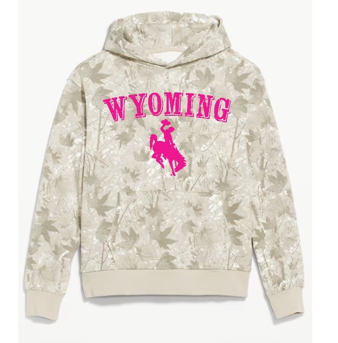 Camo Hoodie with pink Wyoming and bucking horse