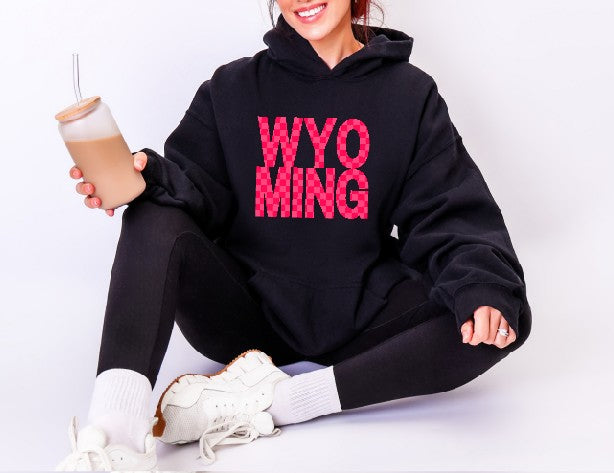 Wyoming Stacked red and pink checkered hoodie