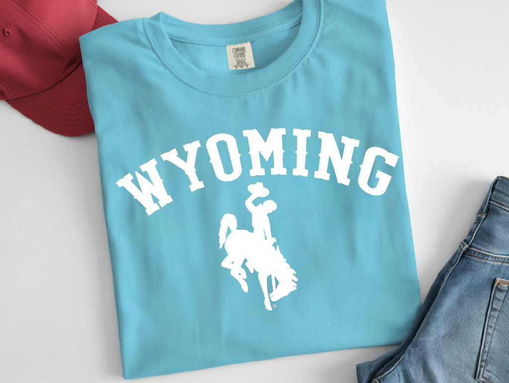 White Wyoming Bucking Horse on Comfort Colors T-Shirt