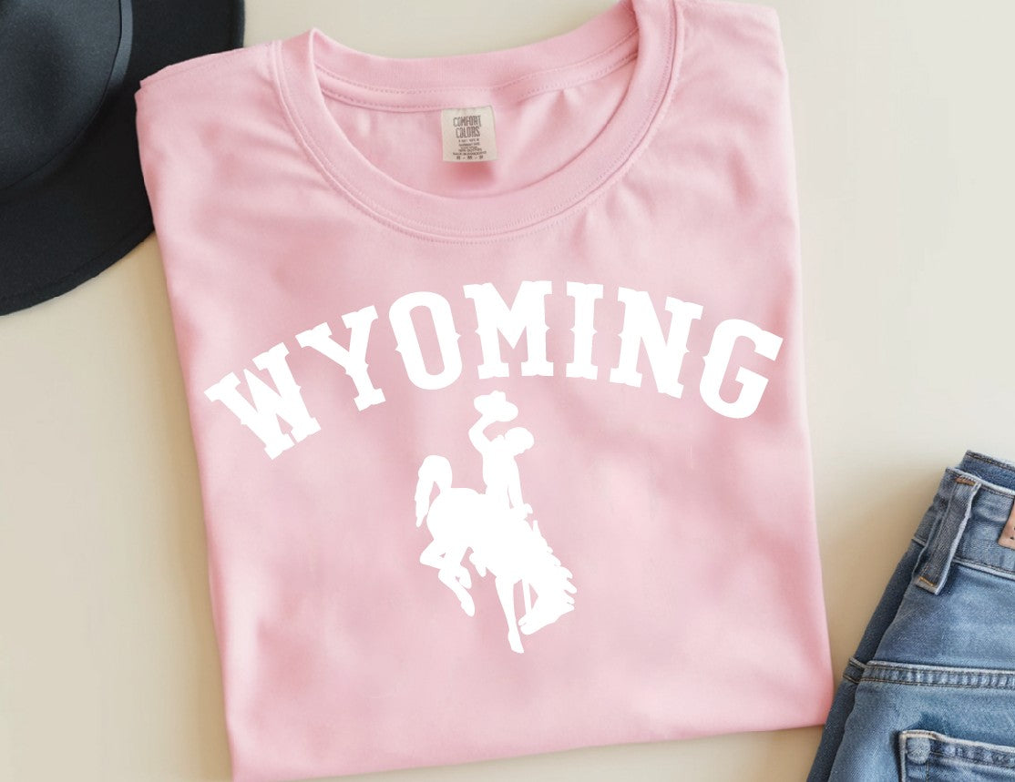 White Wyoming Bucking Horse on Comfort Colors T-Shirt