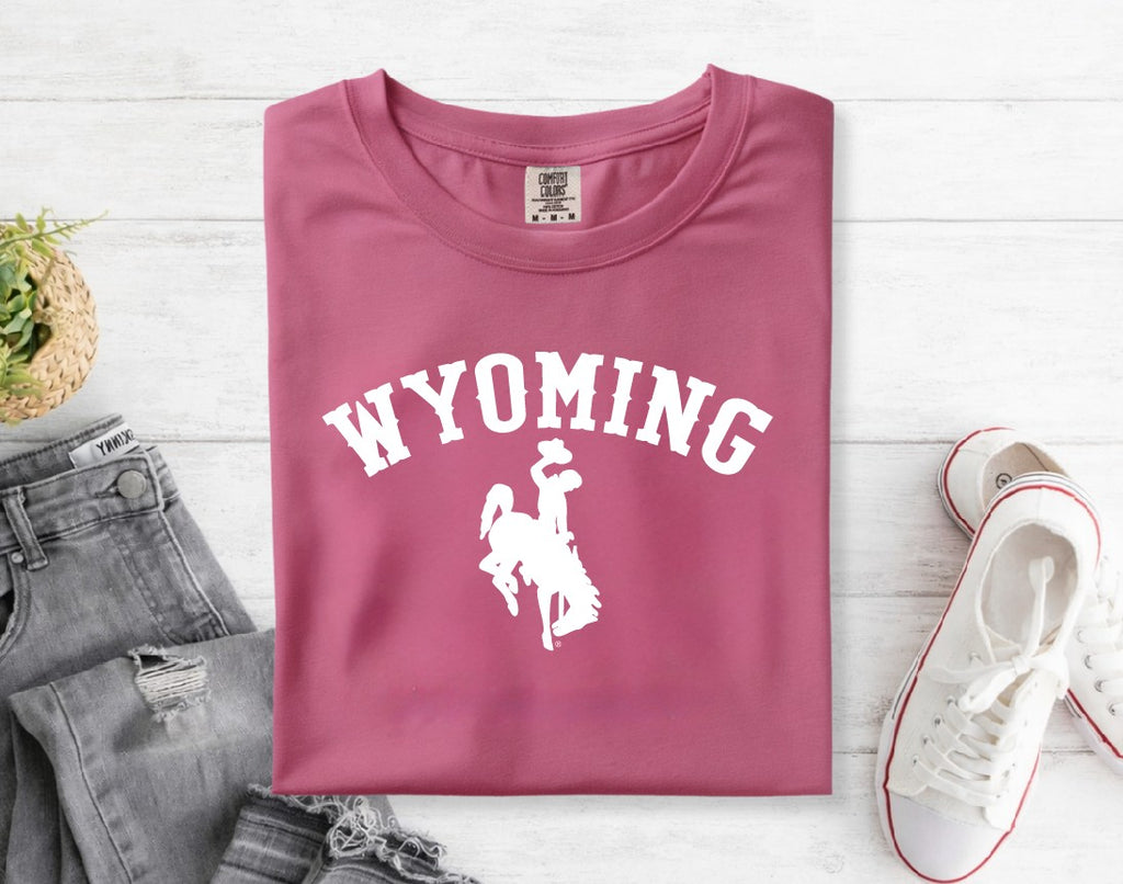 White Wyoming Bucking Horse on Comfort Colors T-Shirt