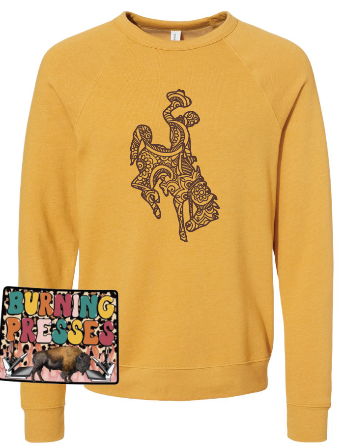 Wyoming Bucking horse on gold long sleeves or crewneck