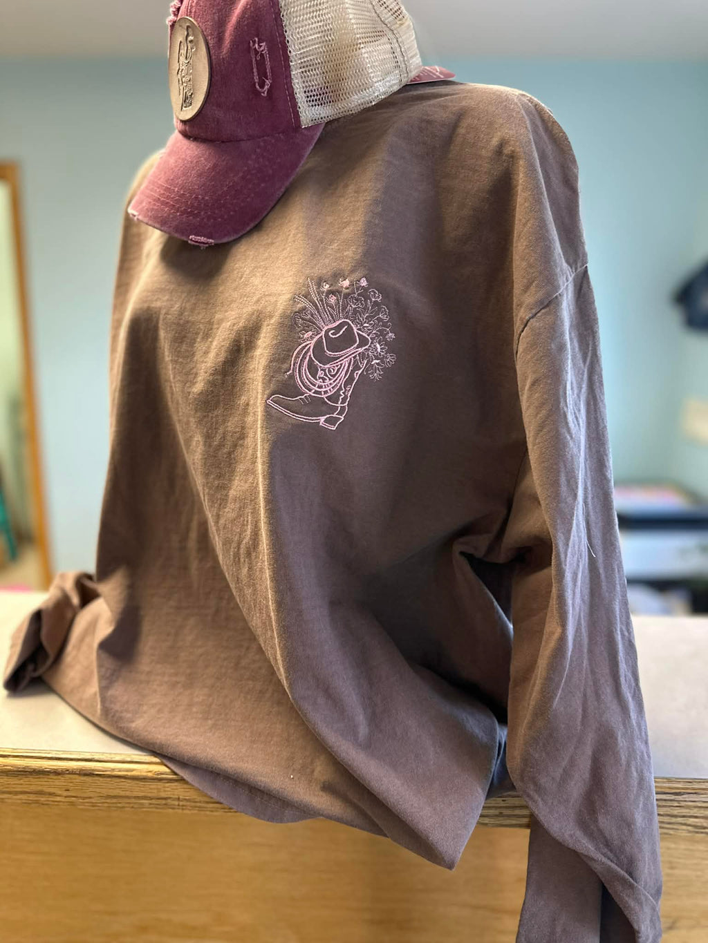 Embroidered Boots and Flowers on Long Sleeve Comfort Colors T-Shirt