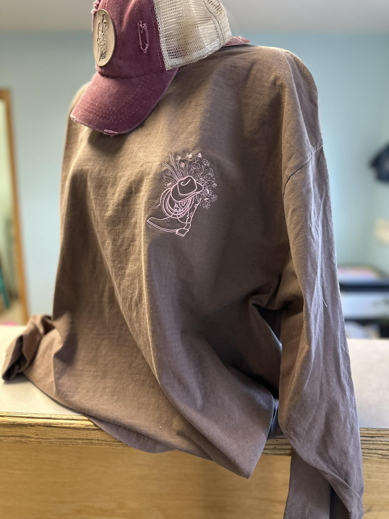 Embroidered Boots and Flowers on Long Sleeve Comfort Colors T-Shirt
