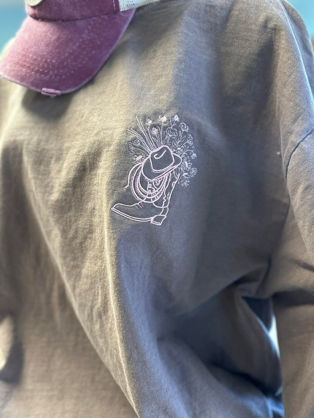 Embroidered Boots and Flowers on Long Sleeve Comfort Colors T-Shirt