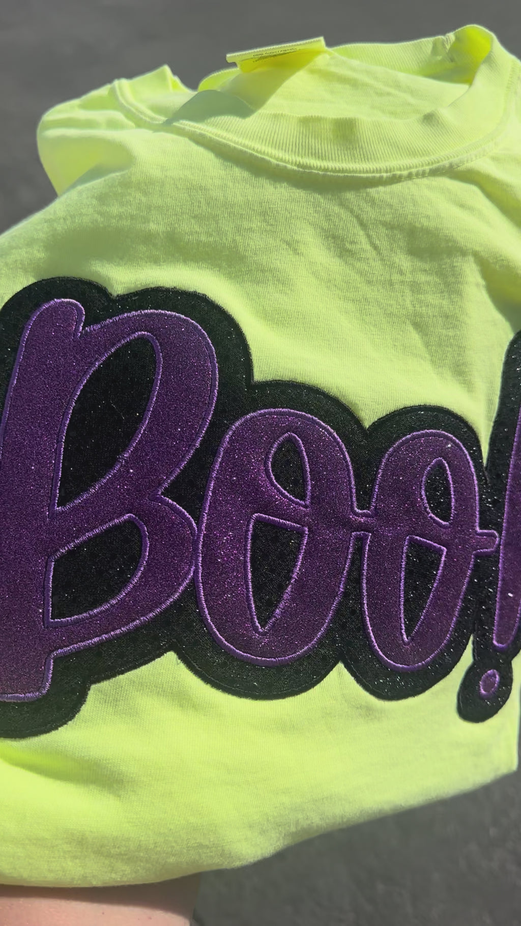 Black and Purple sparkly applied BOO embroidered on neon yellow Comfort Colors T-shirt