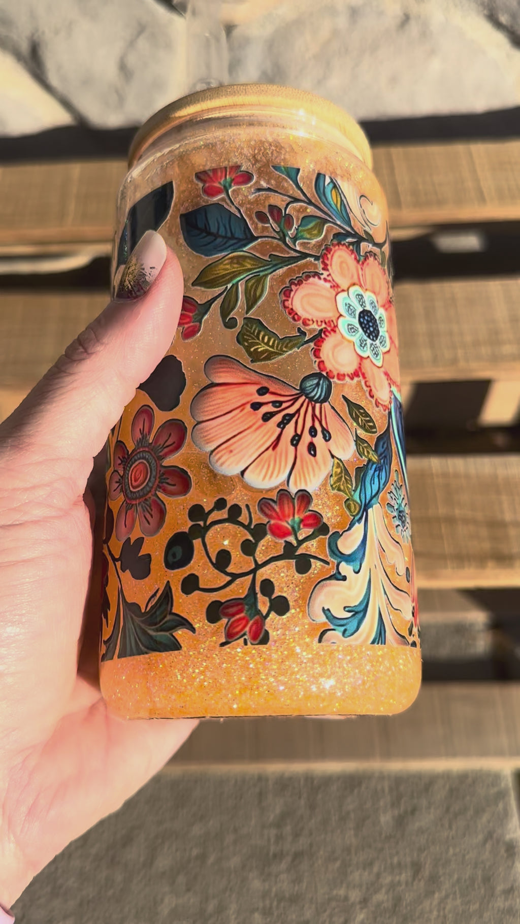 Snowglobe flower glitter glass 20 oz tumbler