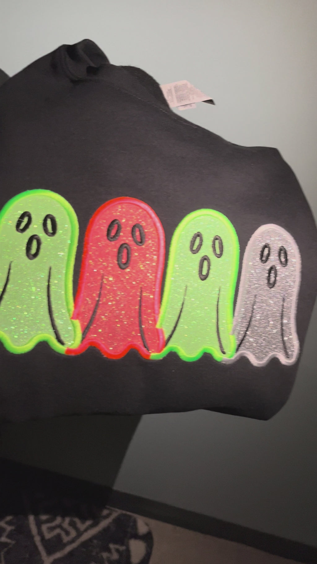 Glow in the Dark Ghost Applied Embroidered on Black Crewneck