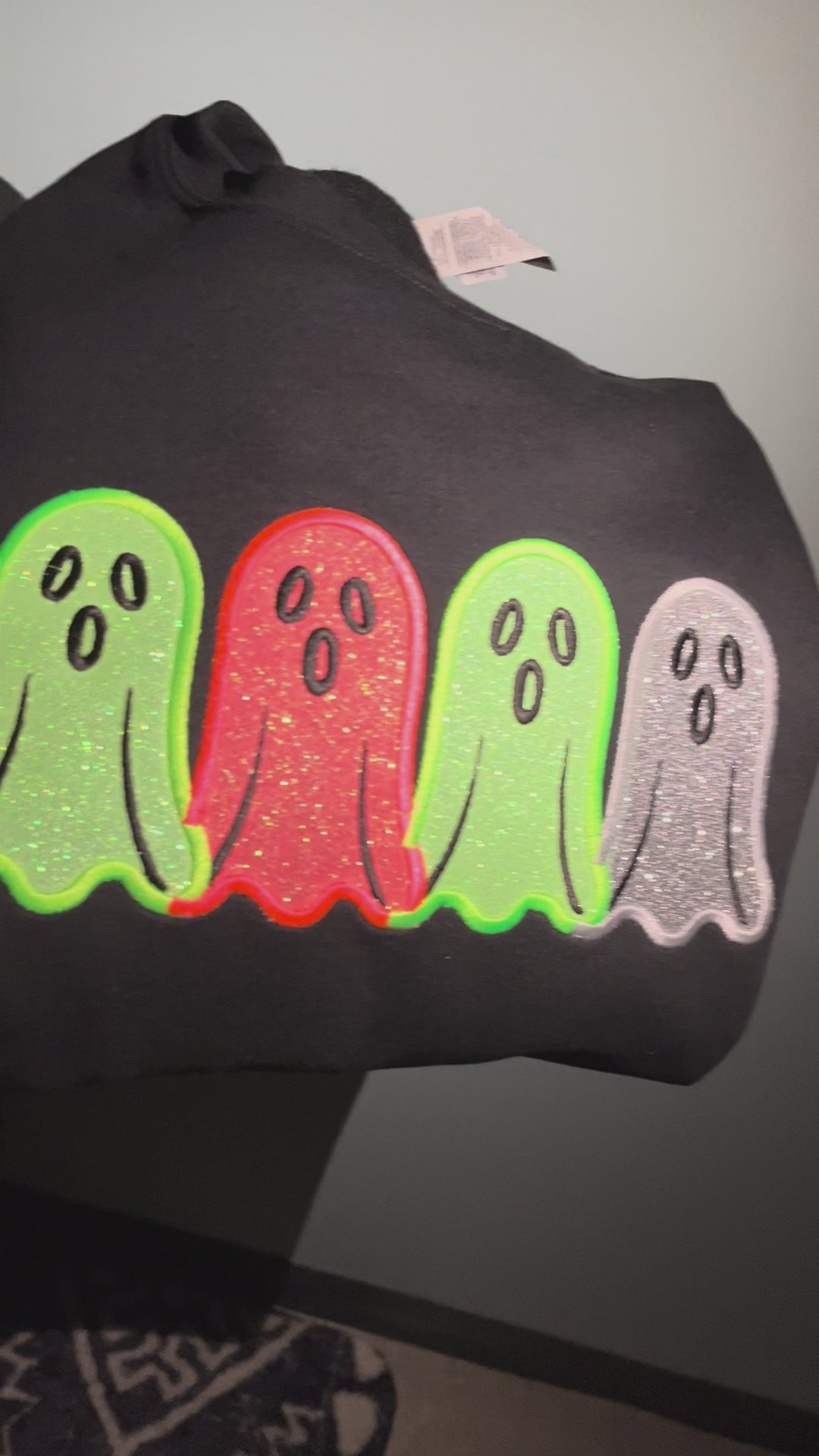 Glow in the Dark Ghost Applied Embroidered on Black Crewneck